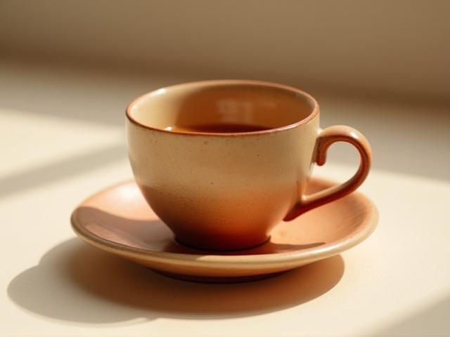 Handgefertigte Keramiktasse und Untertasse in Erdtönen